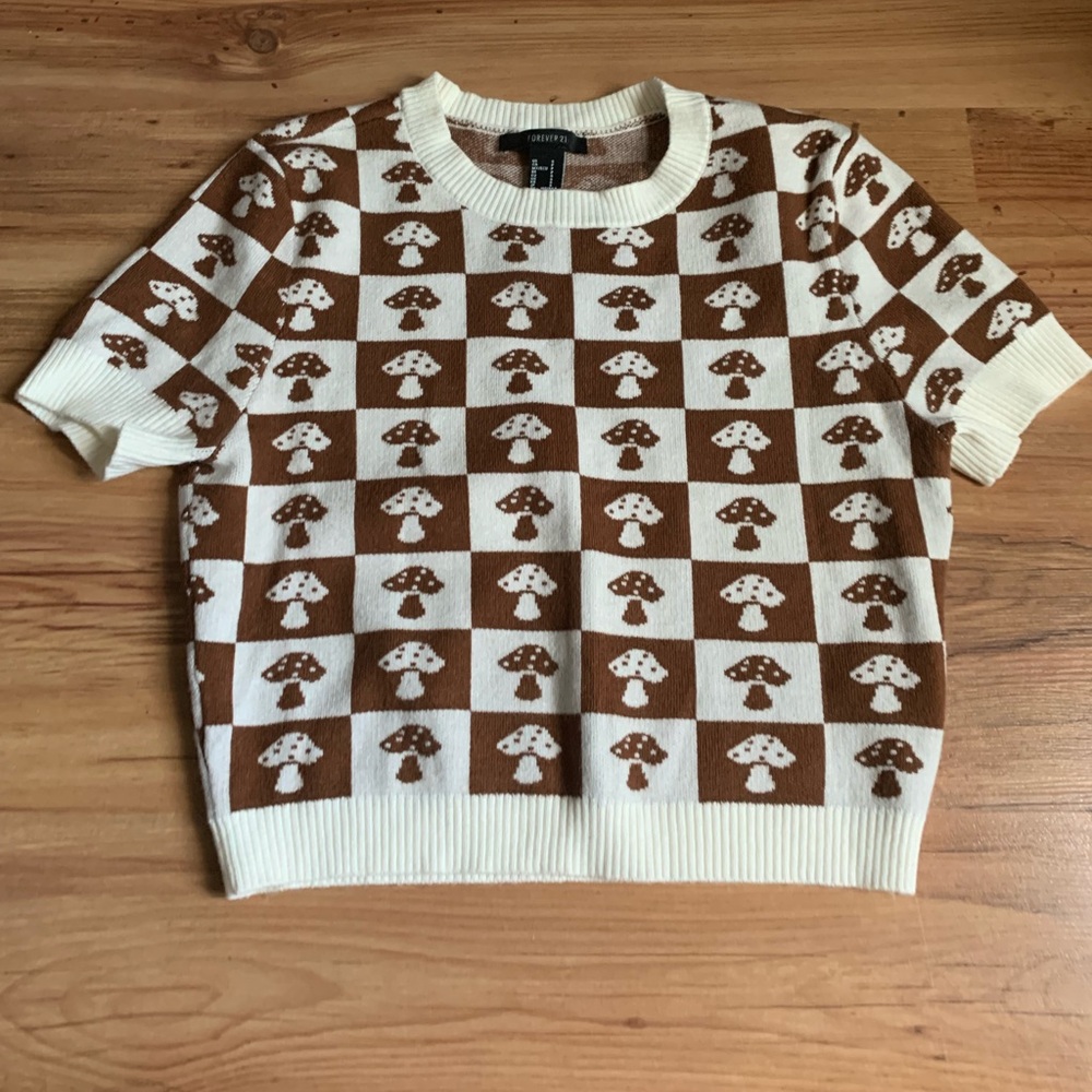 Forever 21 Brown and Cream mushroom Cropped Checkered Sweater Top